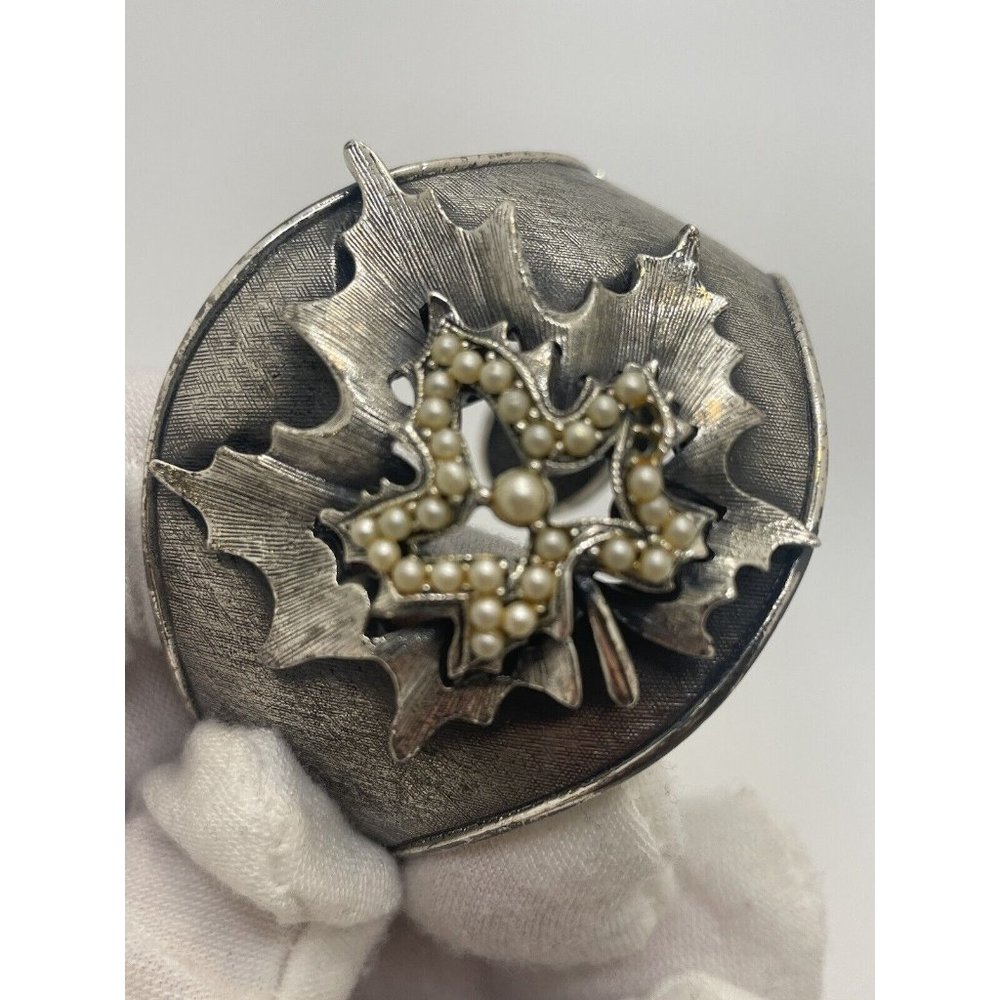 Vintage TORTOLANI Leaf & Pearl Cuff Clamper Chunky Bracelet Brushed Silver READ